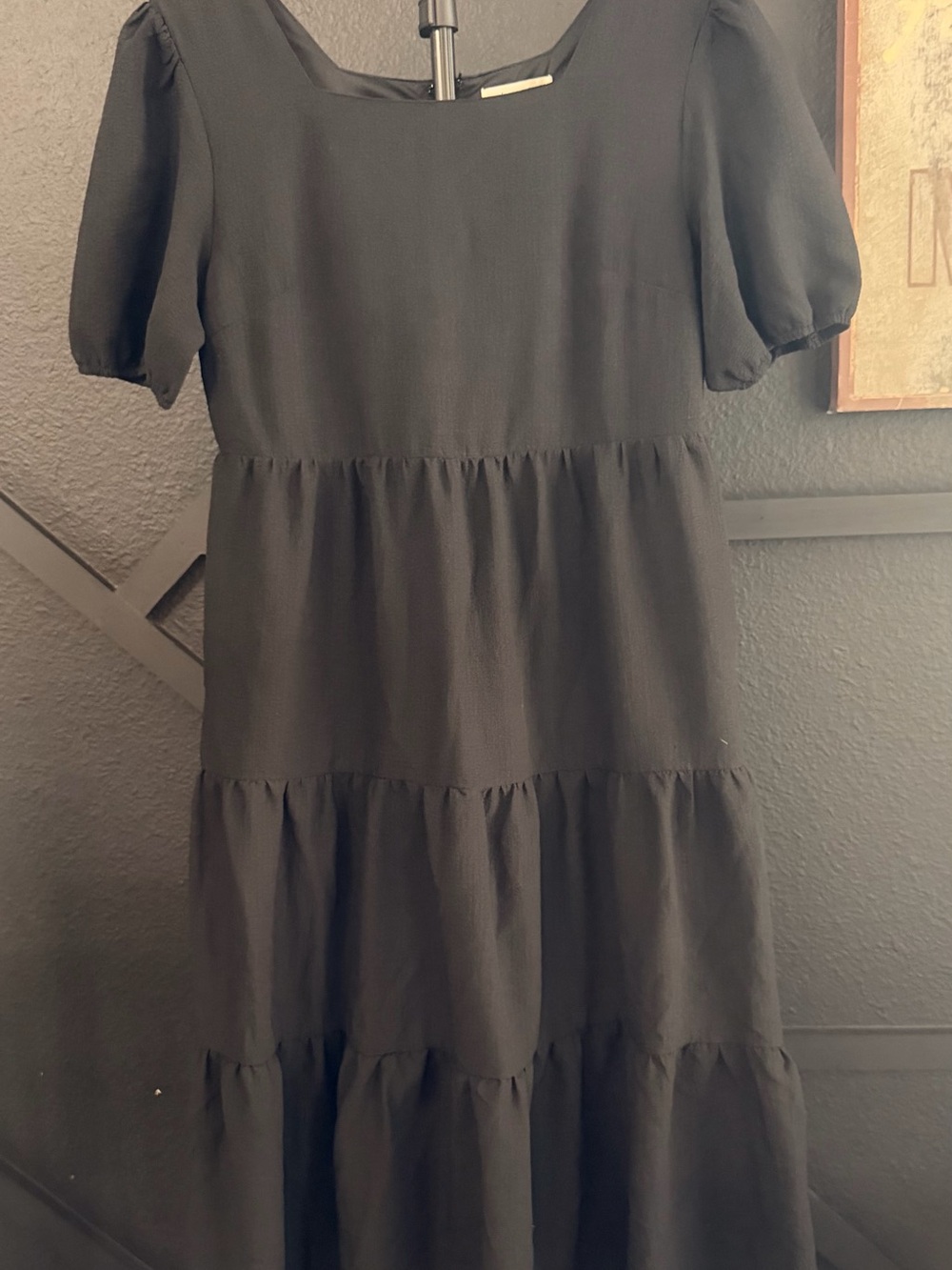 Black Tiered Midi Dress with Puff Sleeves